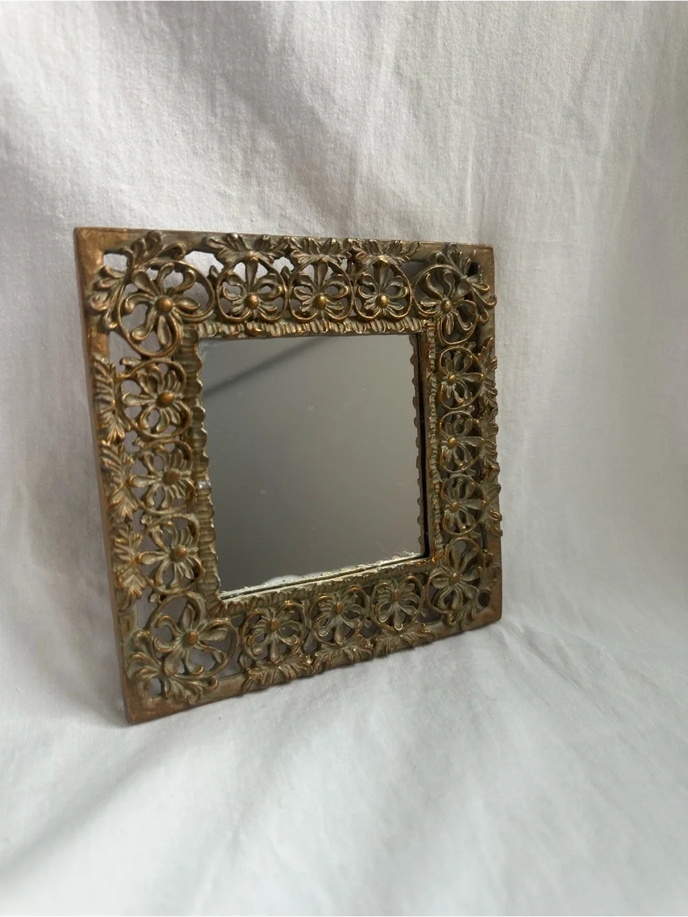Mini Mirror with Floral Brass Frame - 5.5” x 5.5”
